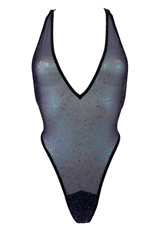 Sheer Holographic Mesh Bodysuit Black