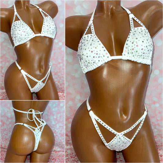 Rhinestone Cut Out Bikini White
