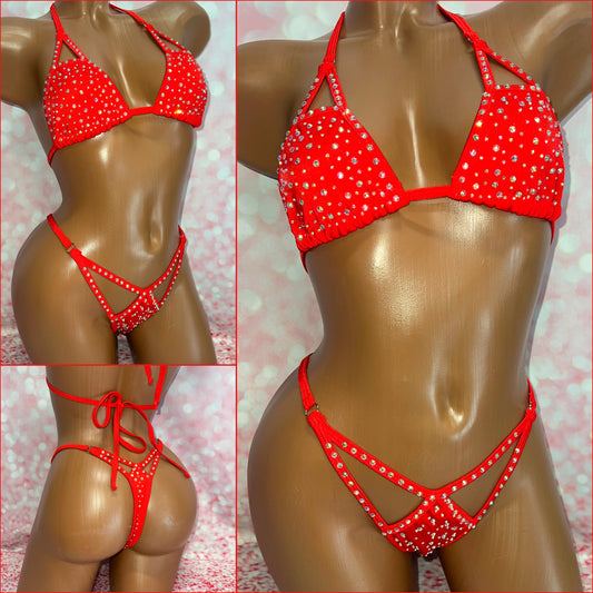 Rhinestone Cut Out Bikini Red
