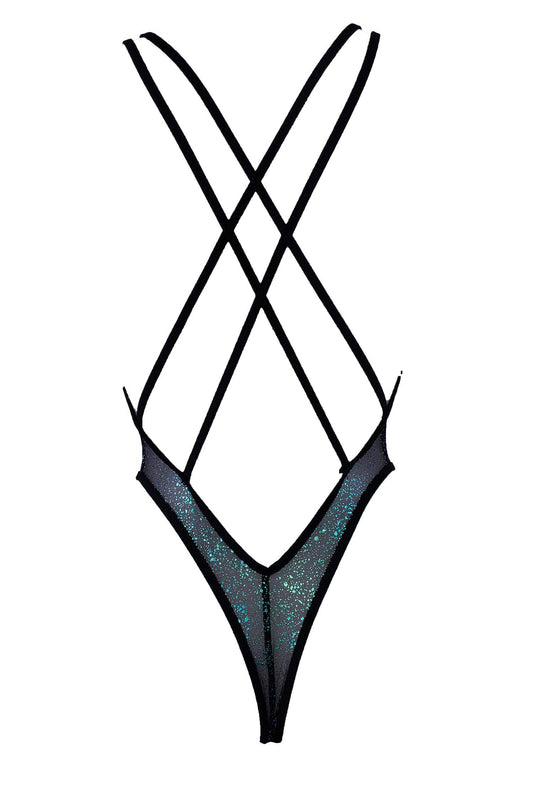 Sheer Holographic Mesh Bodysuit Black