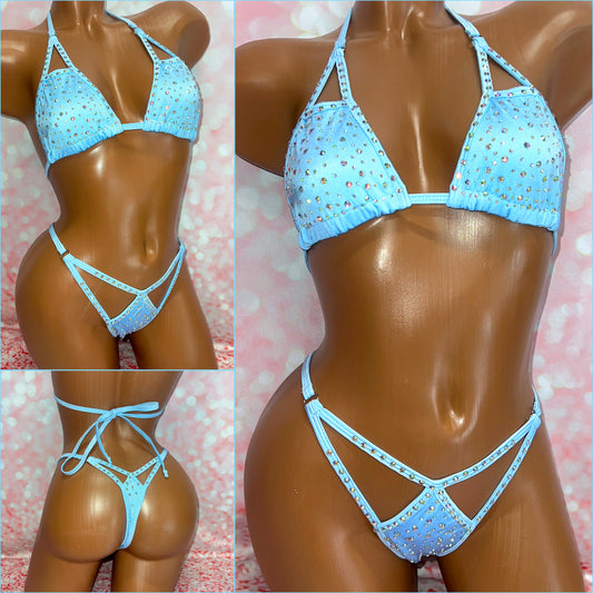 Rhinestone Cut Out Bikini Light Blue