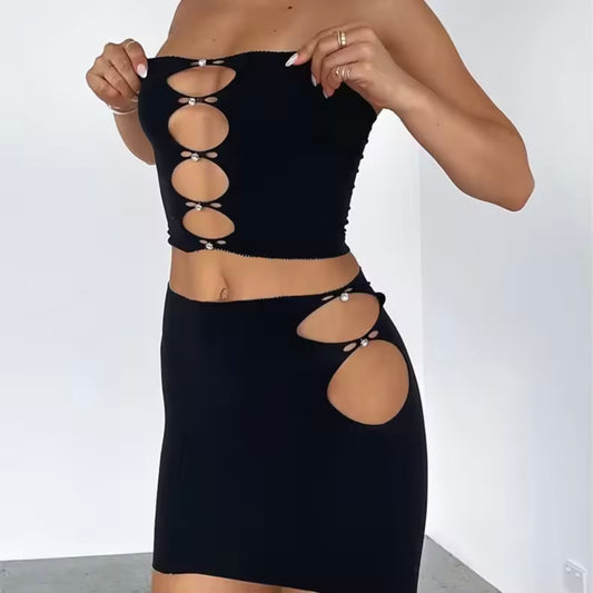 Stretch Crop Skirt Set Black