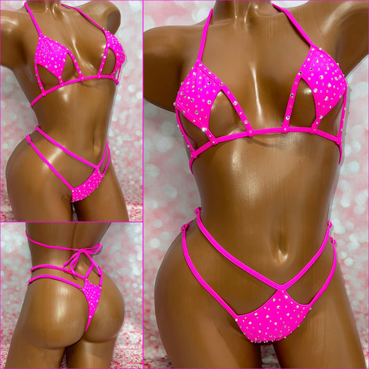 Rhinestone Cut Out Micro Bikini Hot Pink