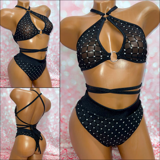 Diamond Glitter Mesh High Waist Set Black