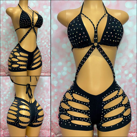 Black Rhinestone Cut Shorts Romper