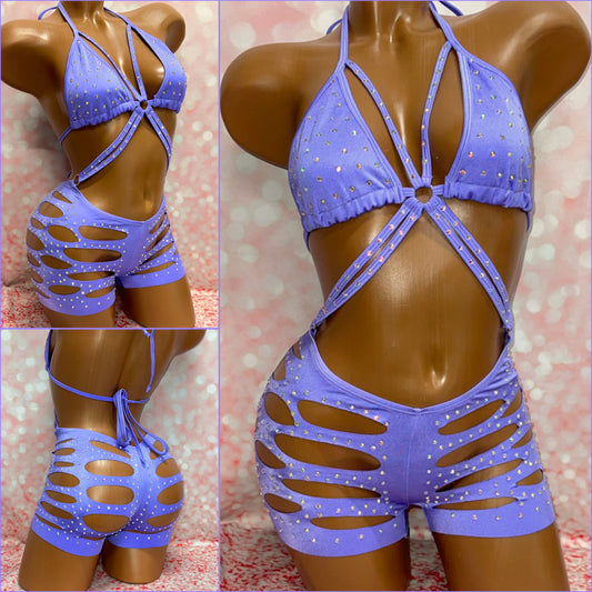 Purple Rhinestone Cut Shorts Romper