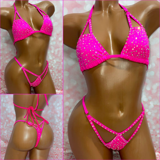 Rhinestone Cut Out Bikini Pink