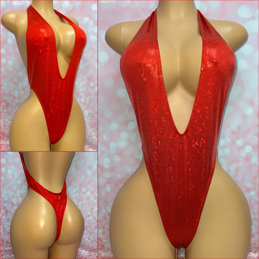 Red Metallic Halter Bodysuit