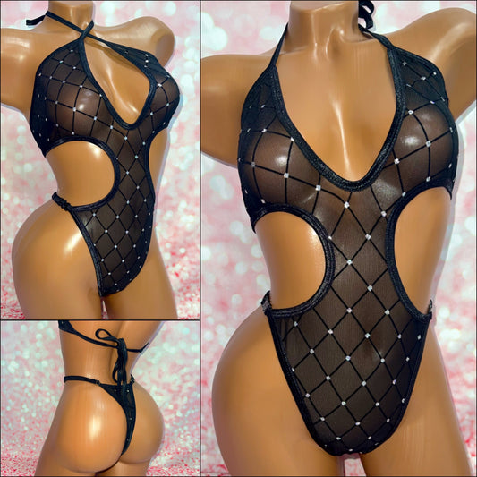 Diamond Glitter Mesh Cut Out One Piece