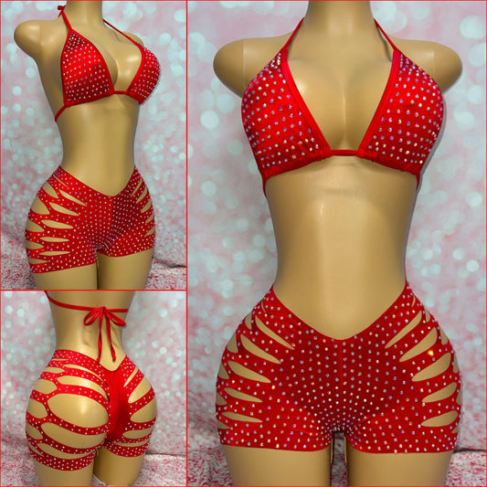 Rhinestone Cut Shorts Set Red