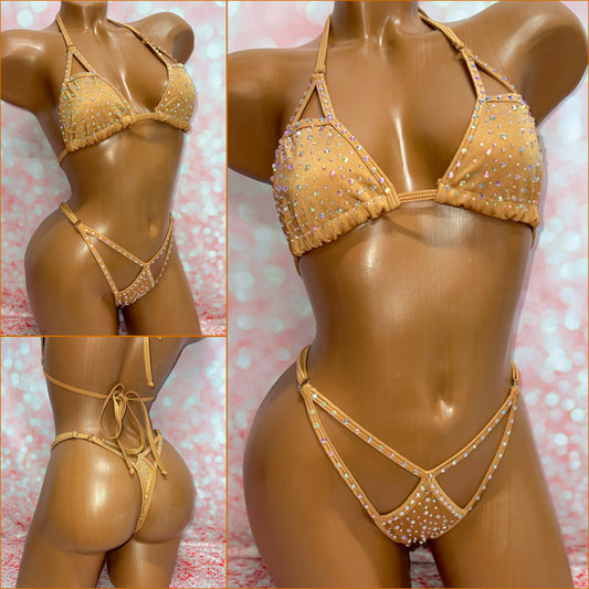 Rhinestone Cut Out Bikini Camel