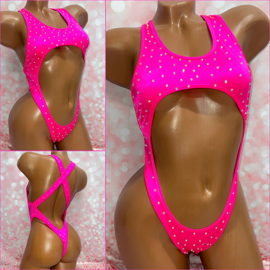 Rhinestone Open Front Bodysuit Pink