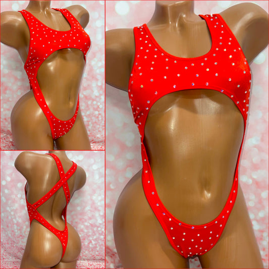 Rhinestone Open Front Bodysuit Red