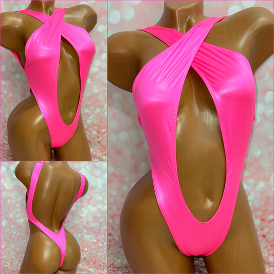Neon Pink Wet Look Cross Over One Piece