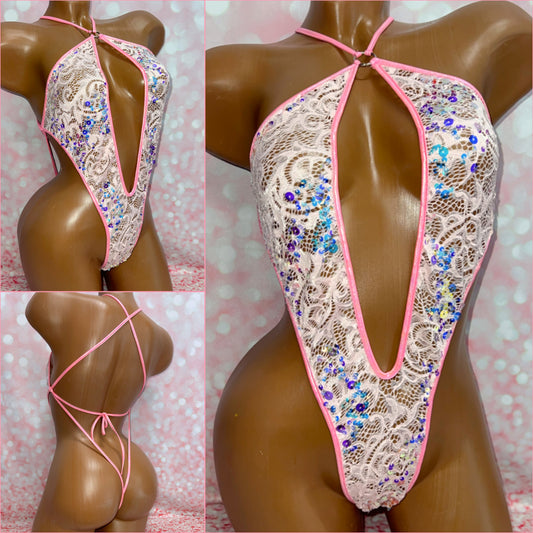 Pink Sequin Lace One Piece