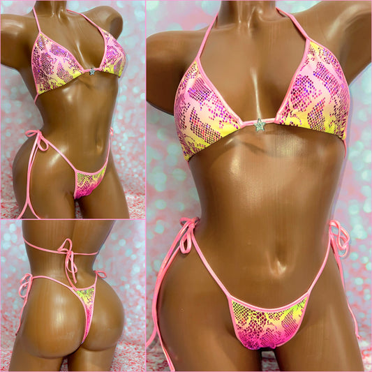 Yellow Pink Holo Snake Tie Side Bikini