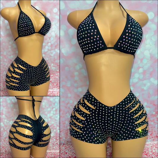 Rhinestone Cut Shorts Set Black