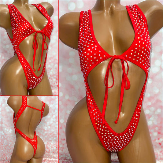 Rhinestone Tie Front Bodysuit Red