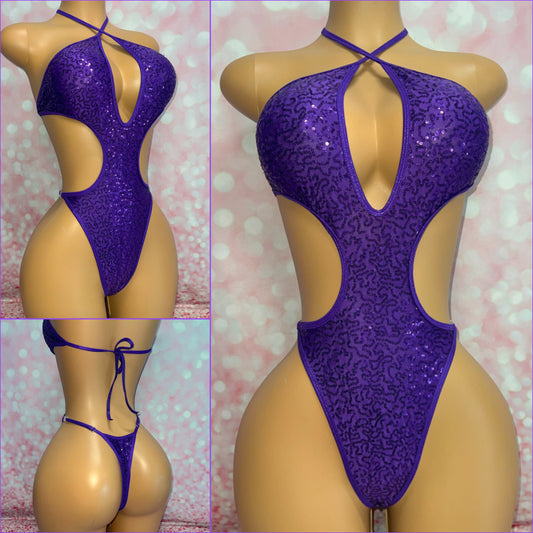 Purple Sequin Cut Out One Piece