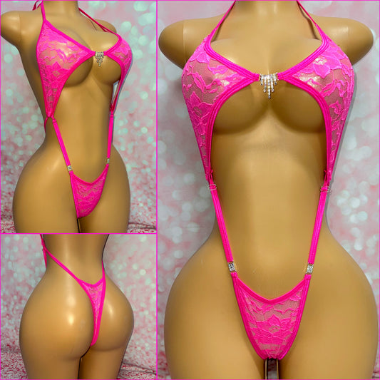 Neon Pink Lace Peekaboob