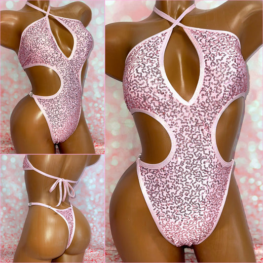 Light Pink Sequin Cut Out One Piece
