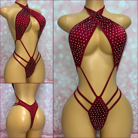 Burgundy Rhinestone Strappy Slingshot