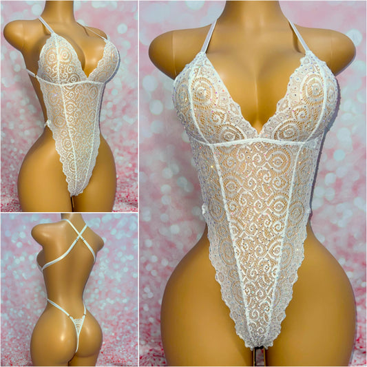 White Lace Rhinestone Bodysuit