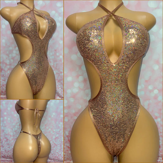 Rose Gold Sequin Cut Out One Piece
