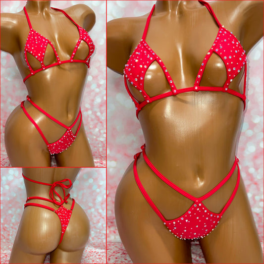 Rhinestone Cut Out Micro Bikini Red