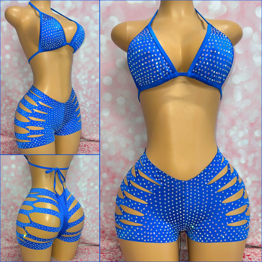 Rhinestone Cut Shorts Set Cobalt