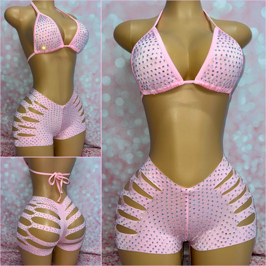 Rhinestone Cut Shorts Set Baby Pink