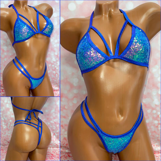 Blue Strappy Sequin Bikini Set