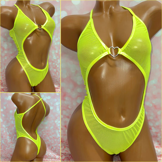 Neon Yellow Mesh Open Front One Piece