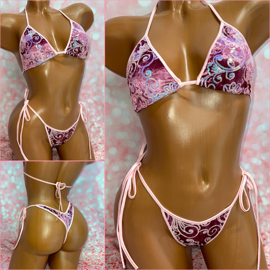Pink Tie Side Velvet Sequin Bikini Set