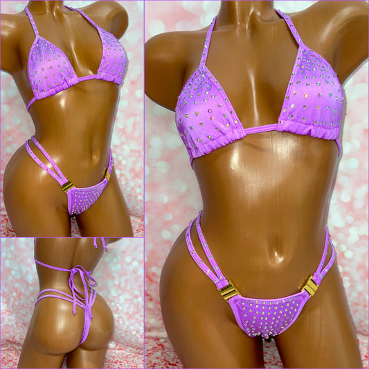 Rhinestone Double Strap Bikini Purple