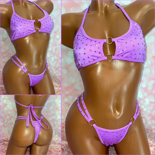 Rhinestone Double O-ring Bikini Purple