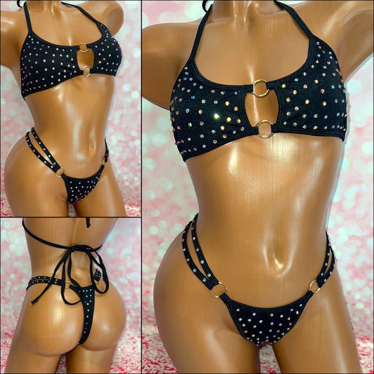Rhinestone Double O-ring Bikini Black
