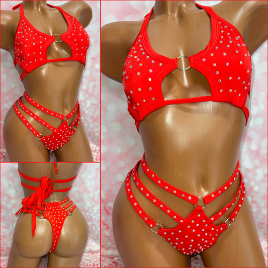 Rhinestone Triple Strap Bikini Red