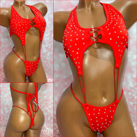 Rhinestone Elastic One Piece Red