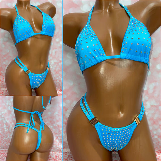Rhinestone Double Strap Bikini Blue