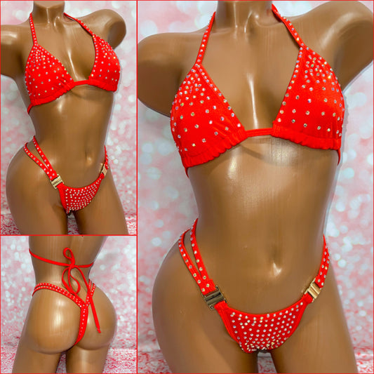 Rhinestone Double Strap Bikini Red