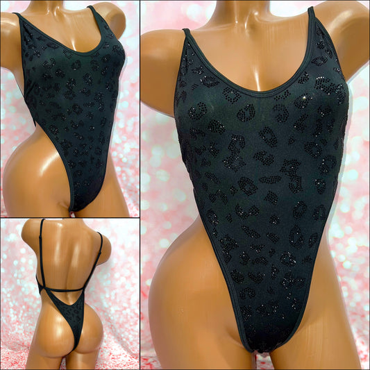 Leopard Rhinestone One Piece Black