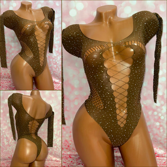 Criss Cross Rhinestone Mesh Bodysuit Coffee