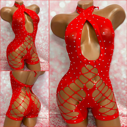 Rhinestone Mesh Romper Red