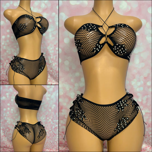 Rhinestone Mesh Bandeau Set Black