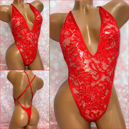 Red Sequin Lace Adjustable One Piece