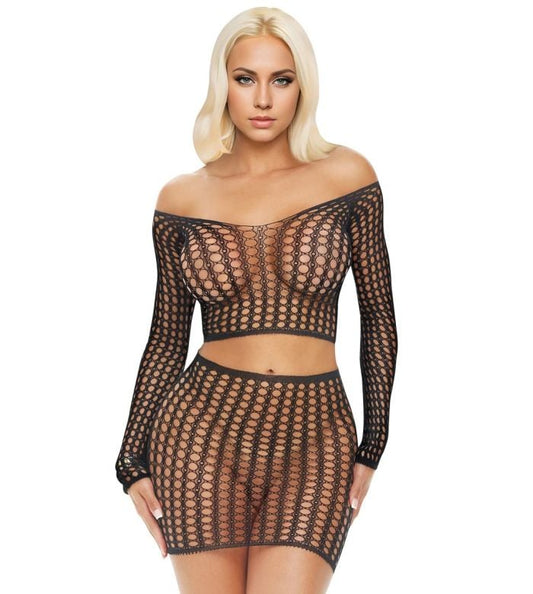 Stretch Mesh Crop Skirt Set Black