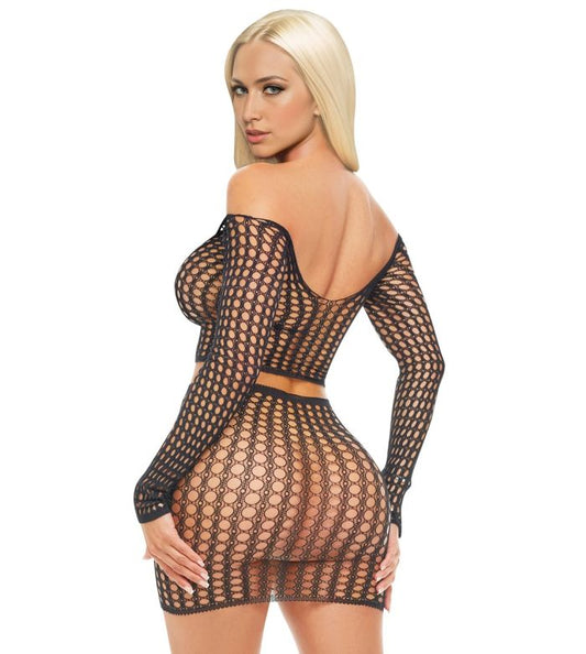 Stretch Mesh Crop Skirt Set Black