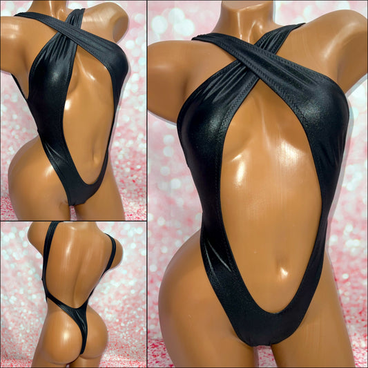 Black Wet Look Cross Over One Piece