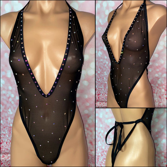 Sheer Mesh Rhinestone One Piece